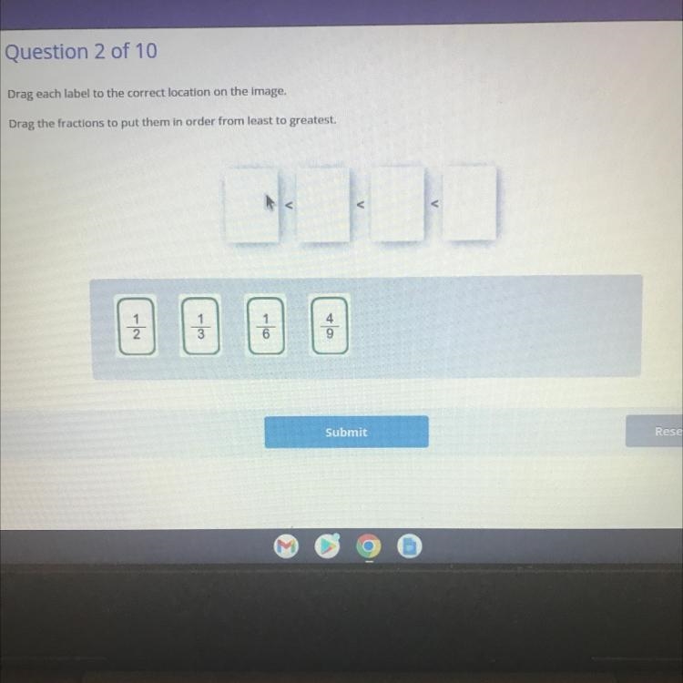 Drag the fractions to put them in order from least to greatest. 1/2 1/3 1/6 4/9-example-1