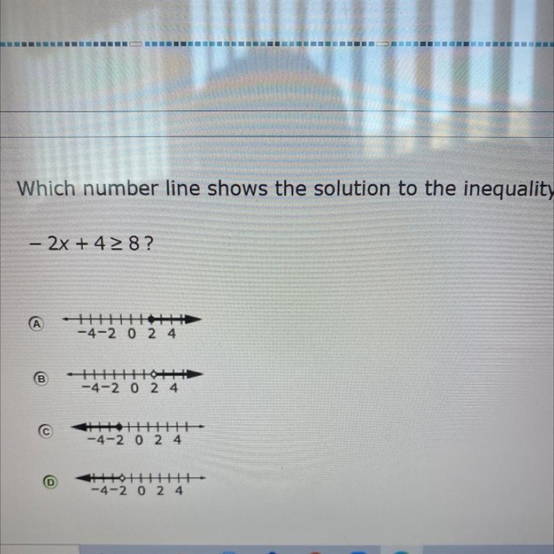 Which number line shows the solution to the inequality - 2x + 428?-example-1