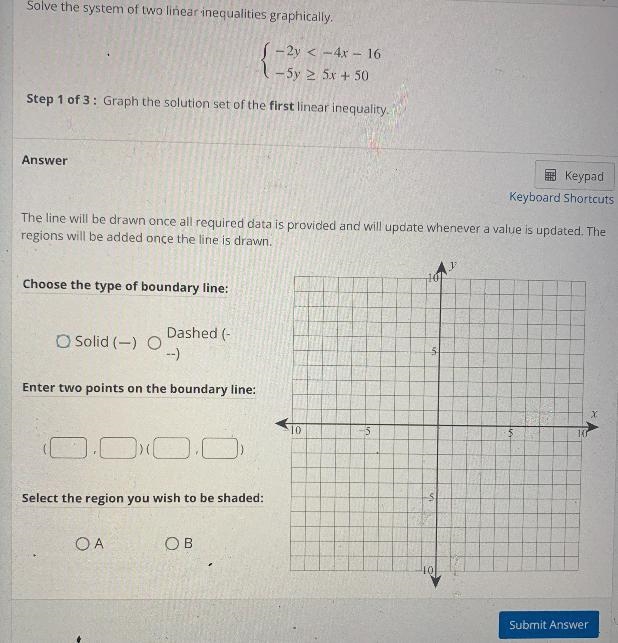 Solve the system of two linear inequalities graphically.- 2y < - 4x – 16- 5y &gt-example-1