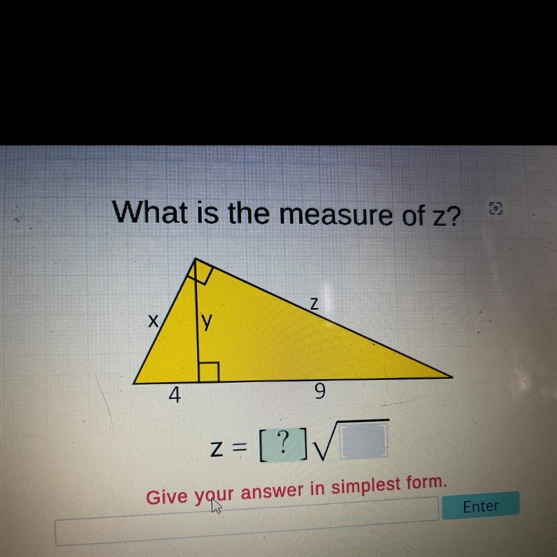 What is the measure of z? X 4 y Z Z 9 = [?]√-example-1