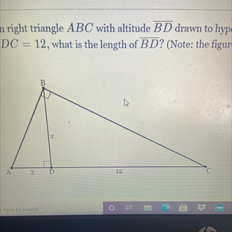 Given the right triangle ABC with altitude BD drawn to hypotenuse AC. If AD=3 and-example-1