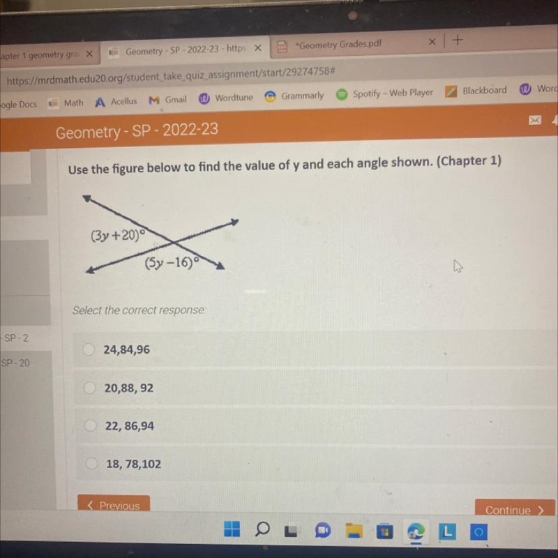 Use the figure below the find the value of y and each angle shown A:24,84,96 B: 20,88,92 C-example-1