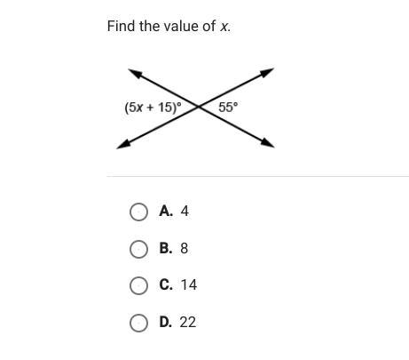 Find the value of x (5x + 15)-example-1