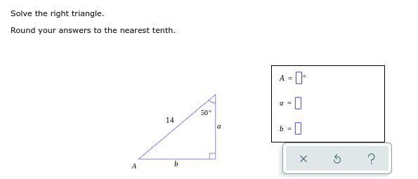 Solve the right triangle. Round your answers to the nearest tenth.-example-1