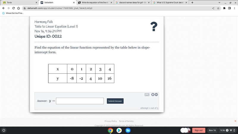 Find the equation of the linear function represented by the table below in slope-intercept-example-1