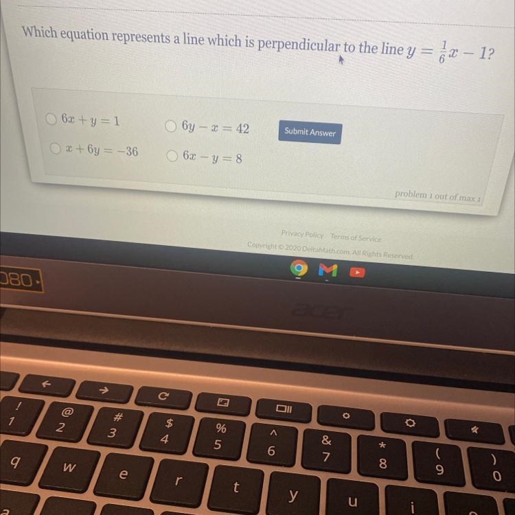 Which equation represents a line which is perpendicular to the line y = 5x – 1?-example-1