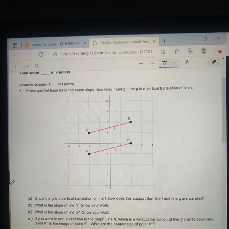 Prove parallel lines have the same slope. Use lines f and g. Line g is a vertical-example-1