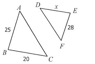 If ΔABC ~ ΔDEF , find the value of x .-example-1