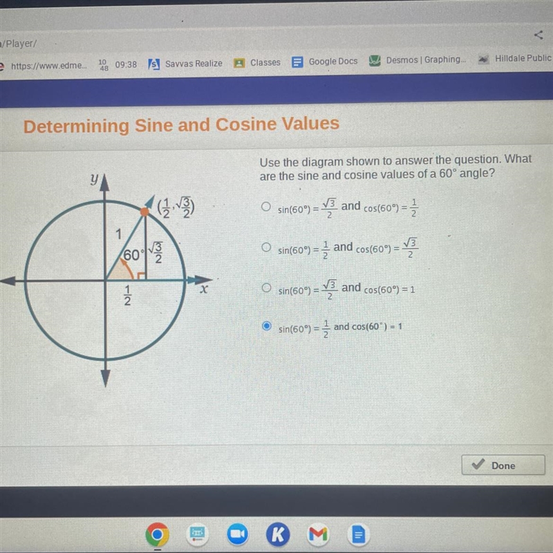 Use the diagram shown to answer the question. What are the sine and cosine values-example-1