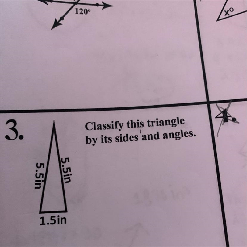 Classify the triangle by its sides and angles 5.5in 5.5in 1.5in-example-1