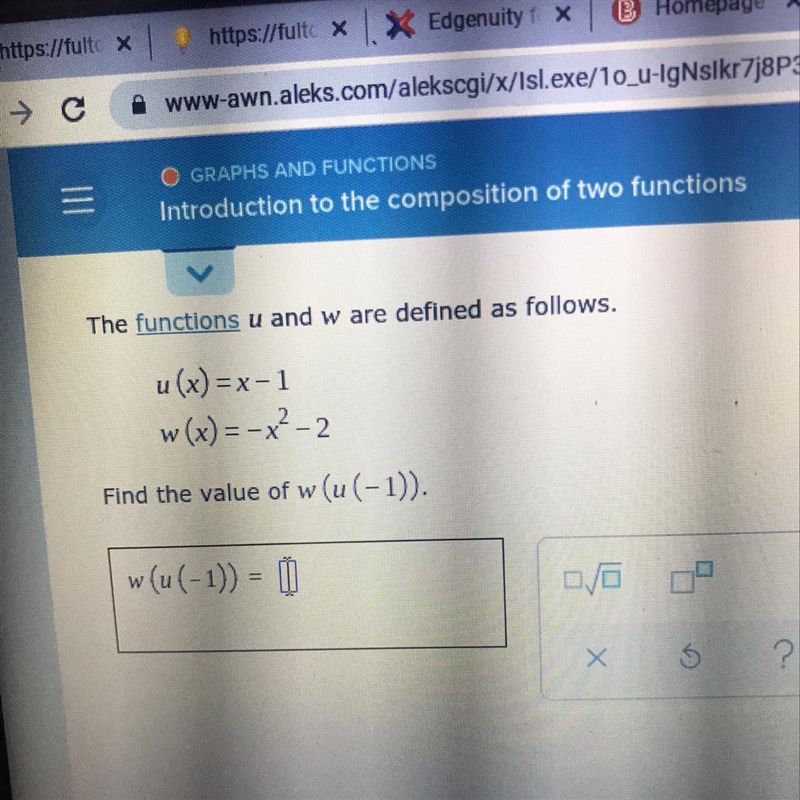 The functions u and w are defined as followu(x)=x-1W(x) = -p²-2Find the value of w-example-1