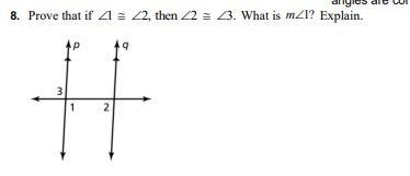 Prove that if∠ 1 ≅ ∠2, then ∠2 ≅ ∠3. what is m∠1?-example-1