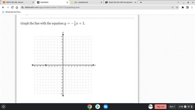 Graph the line with the equation y=− 6/1x +1-example-1