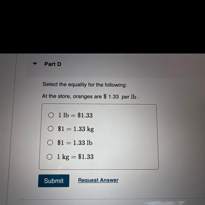 Select the equality for the following at the store oranges are $1.33 per pound-example-1