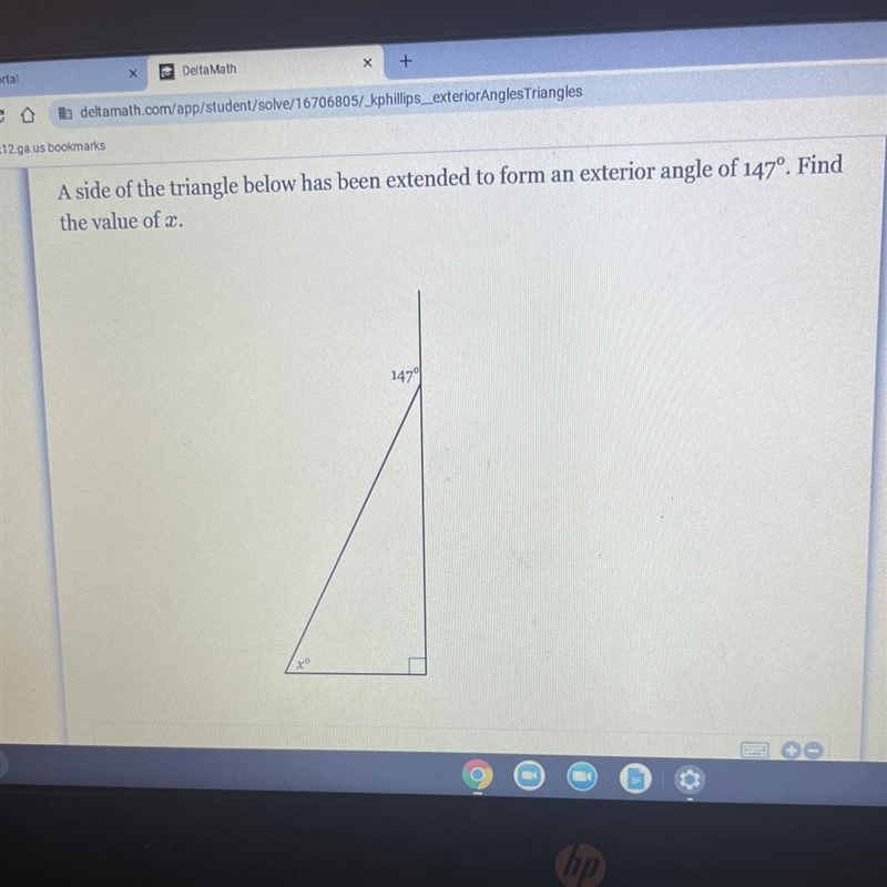 A side of the triangle below has been extended to form an exterior angle of 147°. Find-example-1