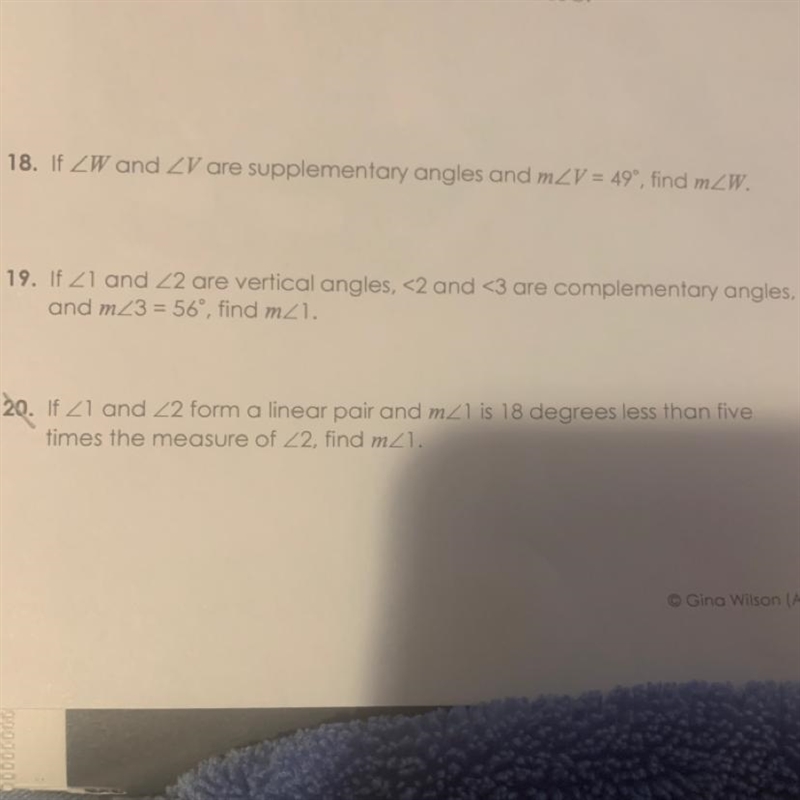 18. If ZW and ZV are supplementary angles and m2V = 49°, find m/W. 19. If 21 and 22 are-example-1