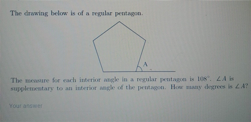 The drawing below is of a regular pentagon. The measure for each interior angle in-example-1