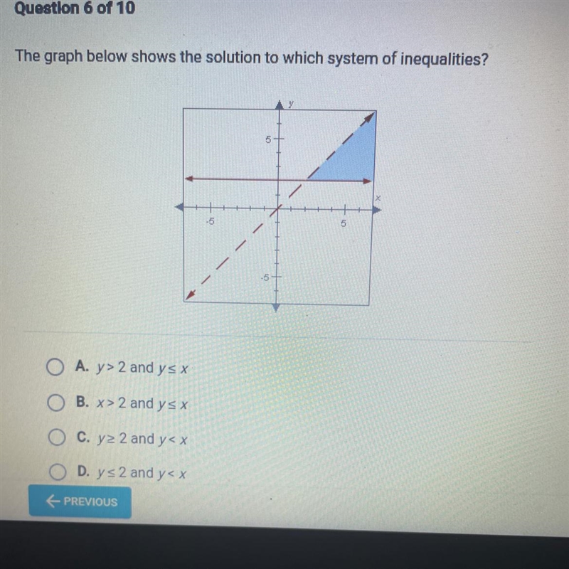 The graph below shows the solution to which system of inequalities? OA. y> 2 and-example-1