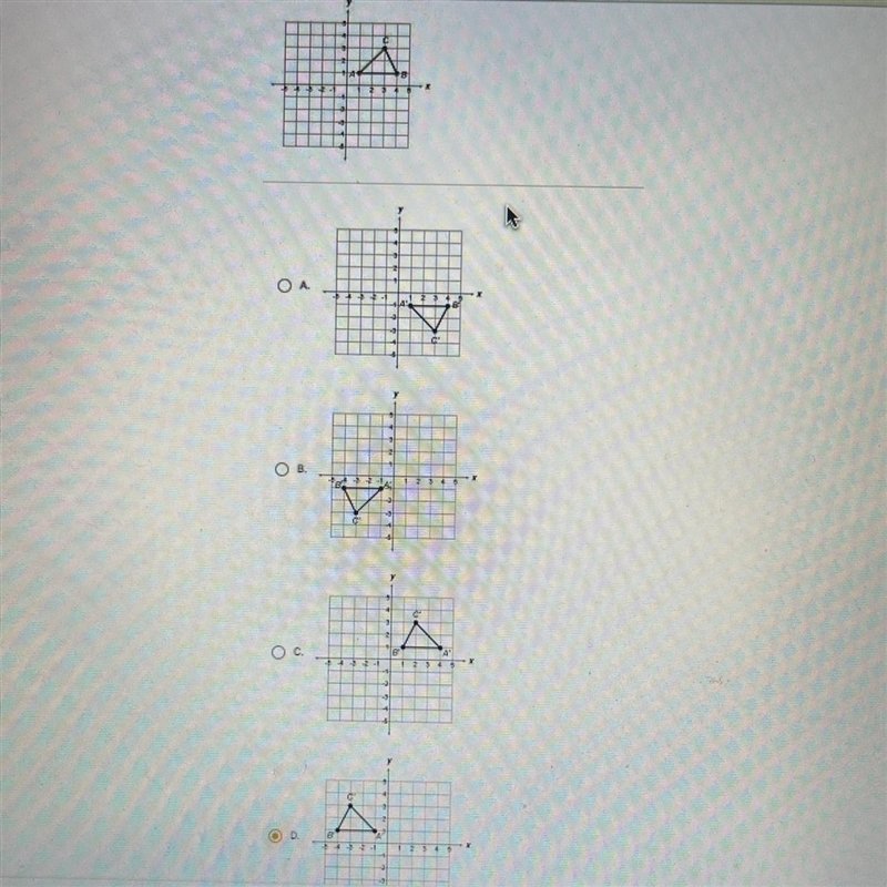 Please helpWhich graph represents the reflection of ABC over the line x=0-example-1