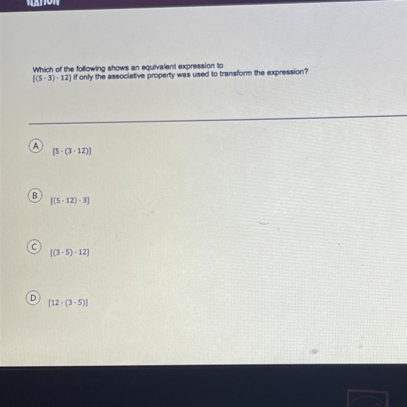 Which of the following shows an equivalent expression to [(5-3). 12) if only the associative-example-1