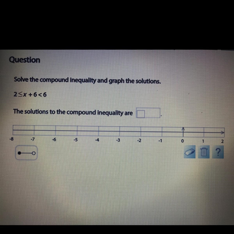 Solve the compound inequality and graph the solutions.2x + 6<6The solutions to-example-1