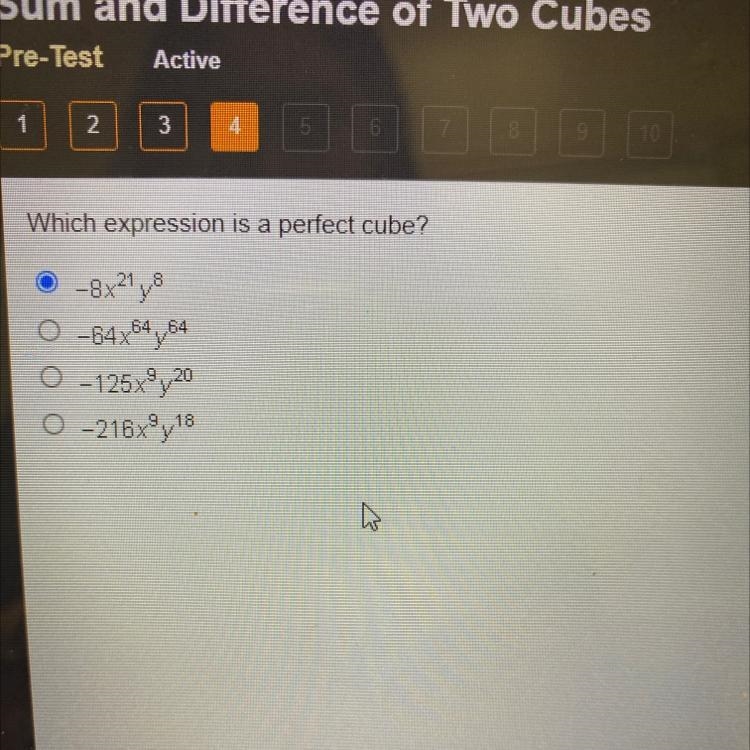 Which expression is a perfect cube? -8x^21y^8 -64x^64y^64 -125x^9y^20 -216x^9y^18-example-1