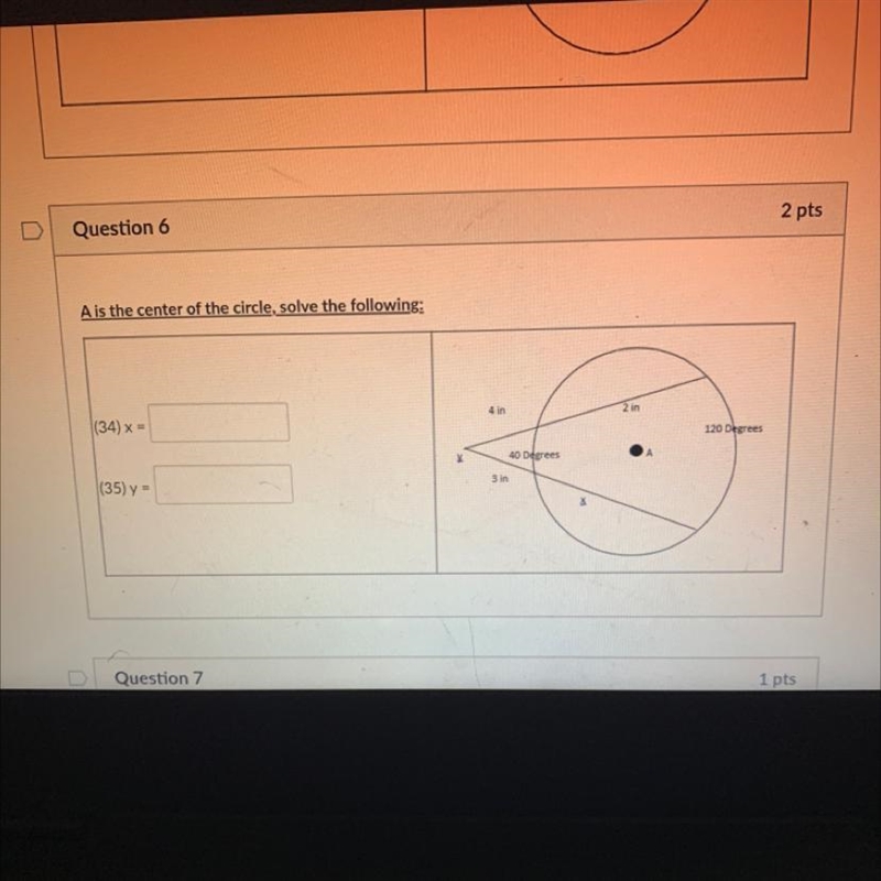 A is the center of the circle, solve the following: (34) x = (35) y =-example-1