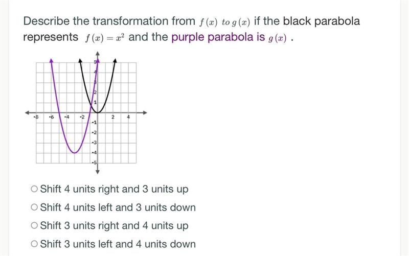 Describe the transformation from f(x) to g(x) if the black parabola represents f(x-example-1