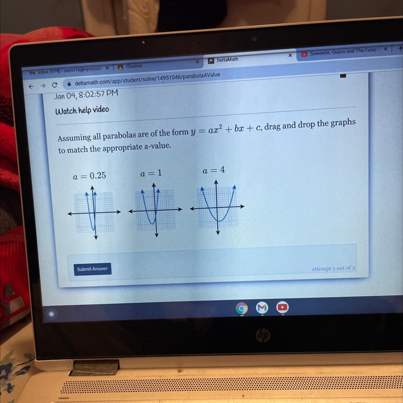 = Assuming all parabolas are of the form y = ax2 + bx + c, drag and drop the graphs-example-1