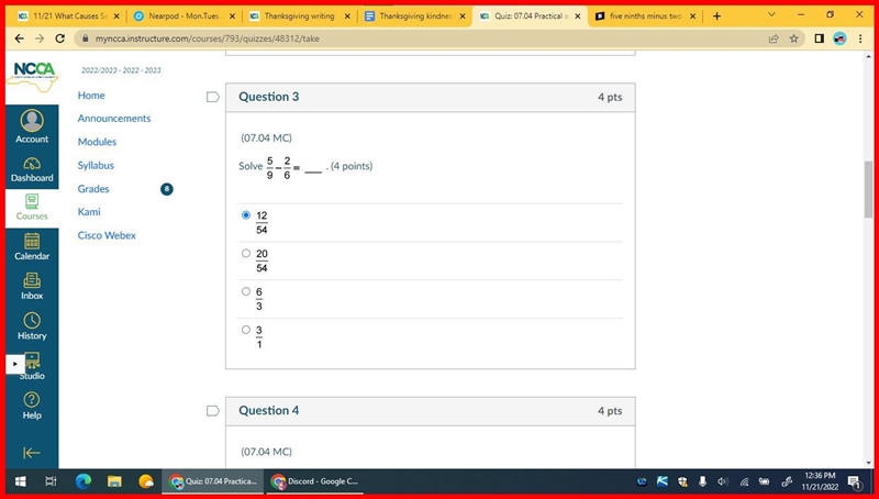 Solve five ninths minus two sixths equals blank . (4 points)-example-1