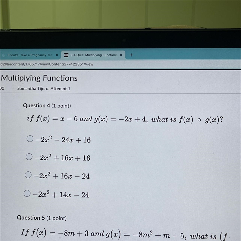 F(x) = x - 6 and g(x) = -2x + 4 what is f(x) • g(x)-example-1