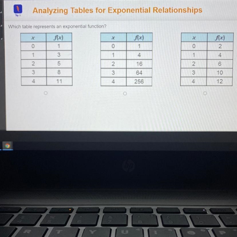 Analyzing Tables for Exponential Relationships Which table represents an exponential-example-1