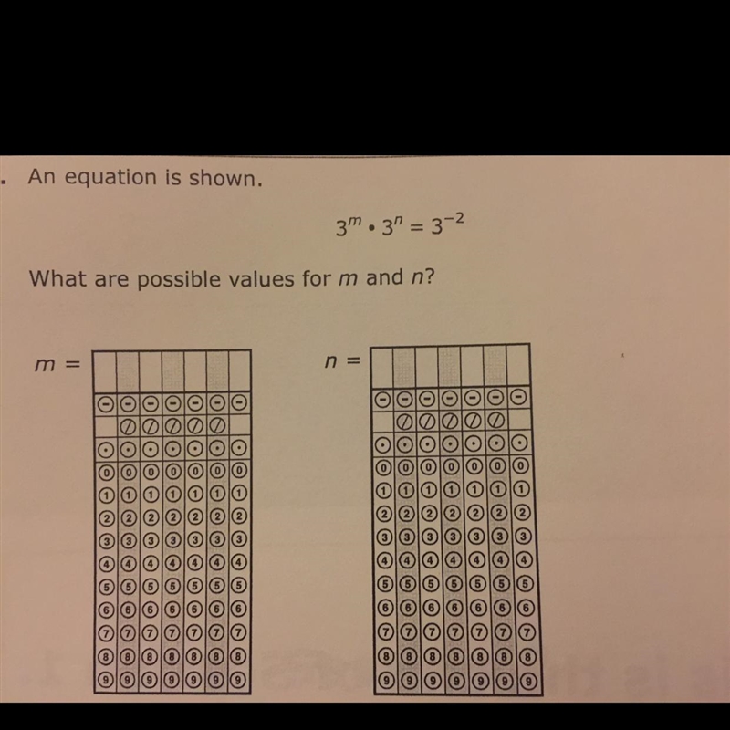 An equation is shown. 3m • 3 = 3-2 What are the possible values for m and n?-example-1