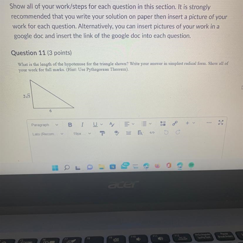 What is the length of the hypotenuse for the triangle shown? Write your answer in-example-1