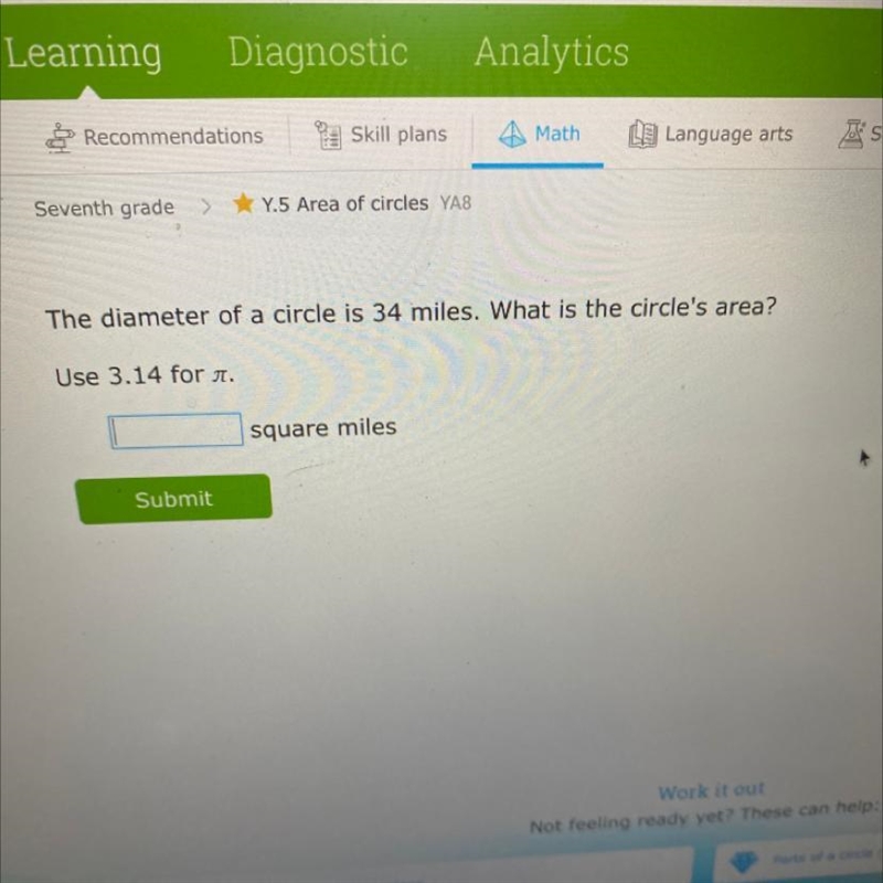 The diameter of a circle is 34 miles what is the circles area￼-example-1