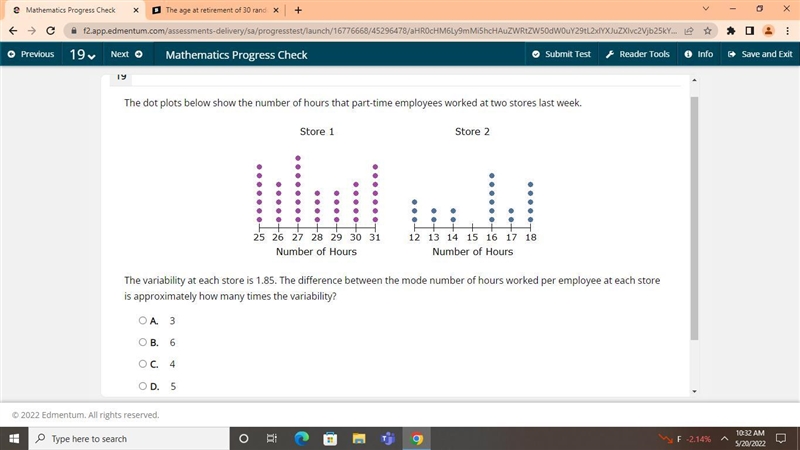 The dot plots below show the number of hours that part-time employees worked at two-example-1