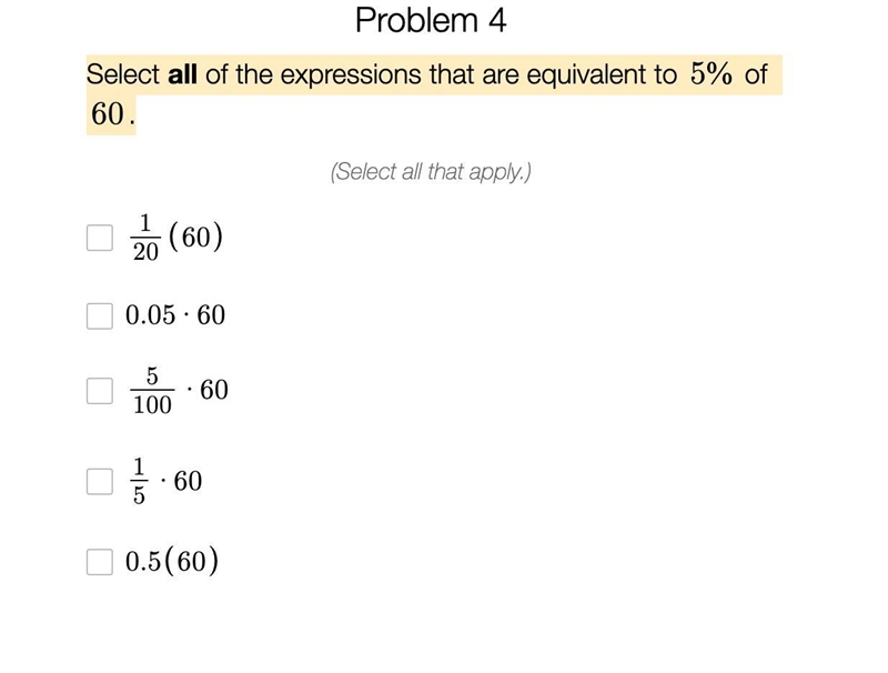 Select all of the expressions that are equivalent to 5% of 60.-example-1