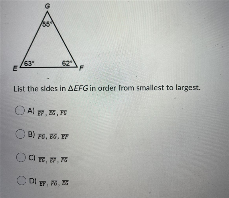 List the sides in ΔEFG in order from smallest to largest.-example-1