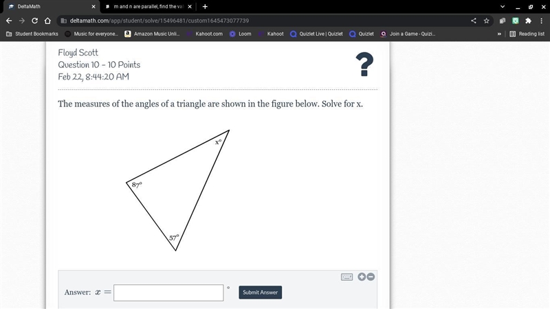 The measures of the angles of a triangle are shown in the figure below. Solve for-example-1