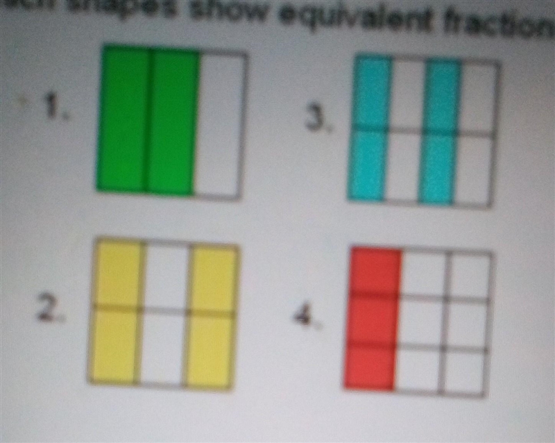 Which shape show equivalent fraction? A) shapes 1 and 2 B) shapes 1 and 3 C) shapes-example-1