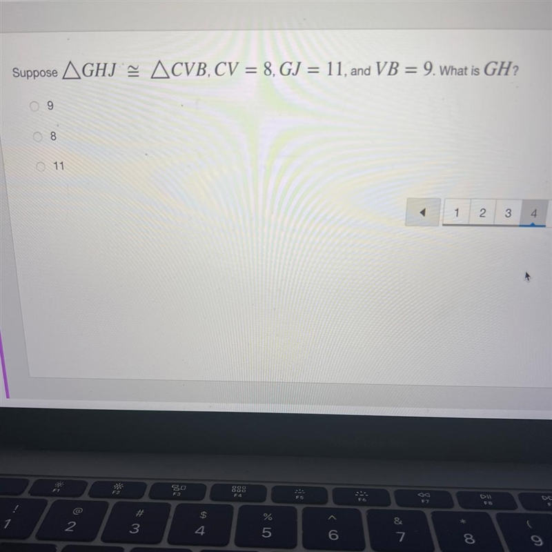 Suppose triangle GHJ cong triangle CVB.; CV=8.GJ=11 , and VB = 9 What is GH ?-example-1