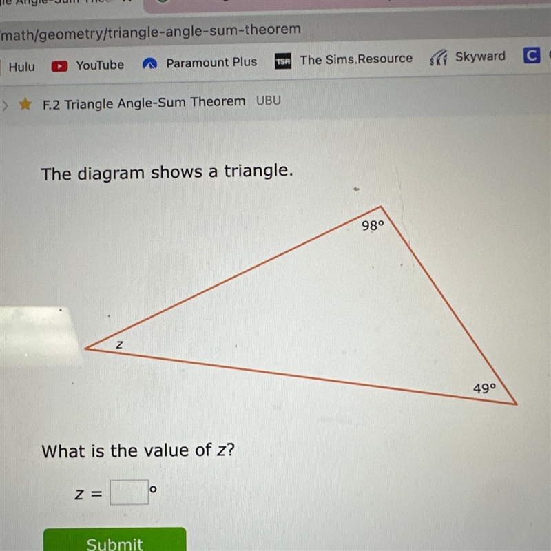 The diagram shows a triangle. What is the value of z? 98⁰ 49° Z-example-1