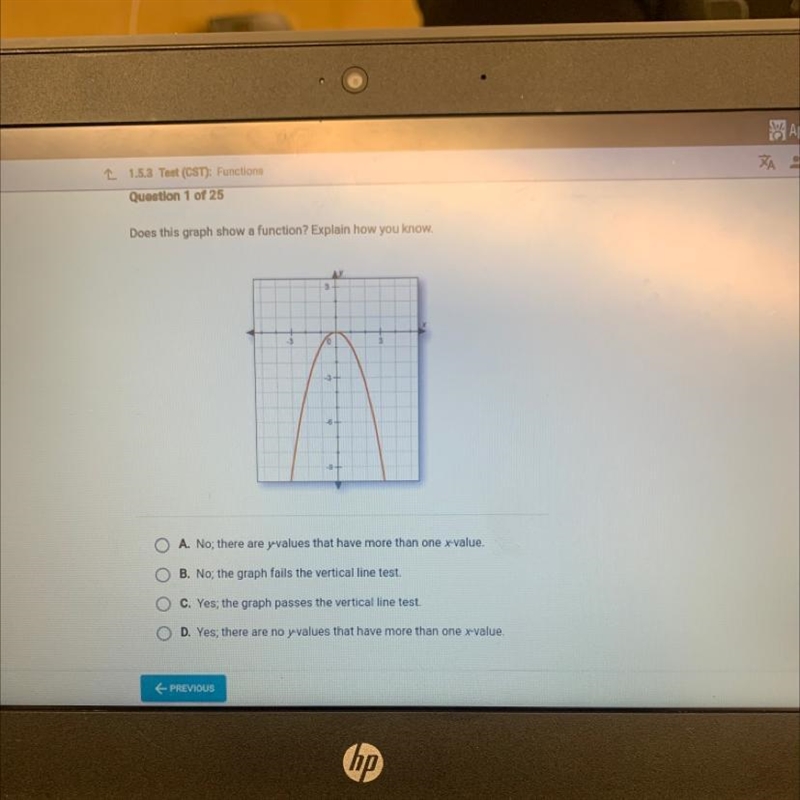 Does this graph show a function? Explain how you know. A. No; there are y values that-example-1