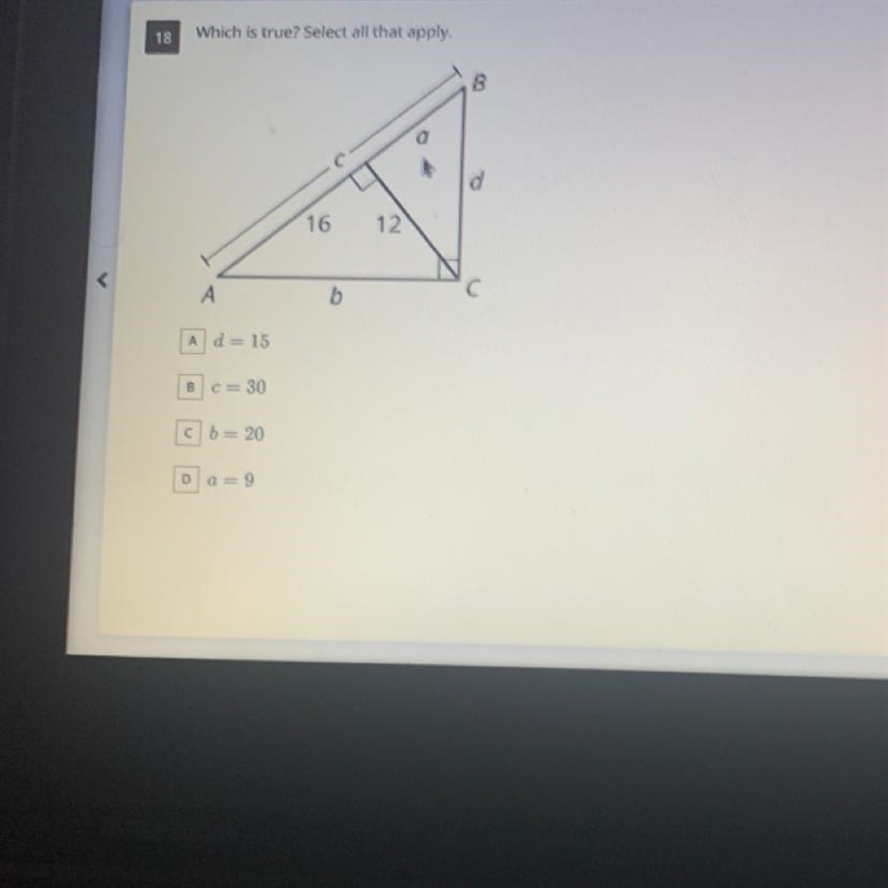 A d = 15 B c= 30 C b = 20 D a=9-example-1