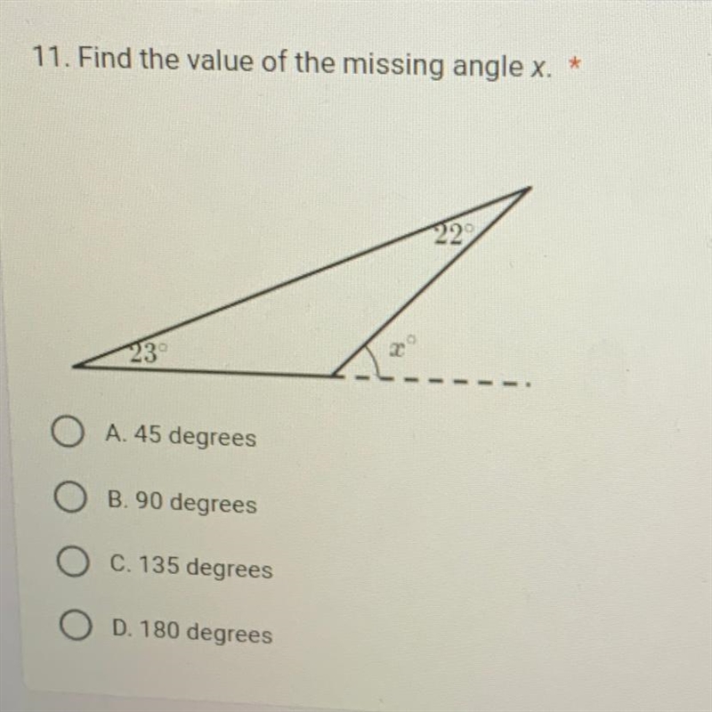 Find the value of the missing angle x. A. 45 degrees B. 90 degrees C. 135 degrees-example-1