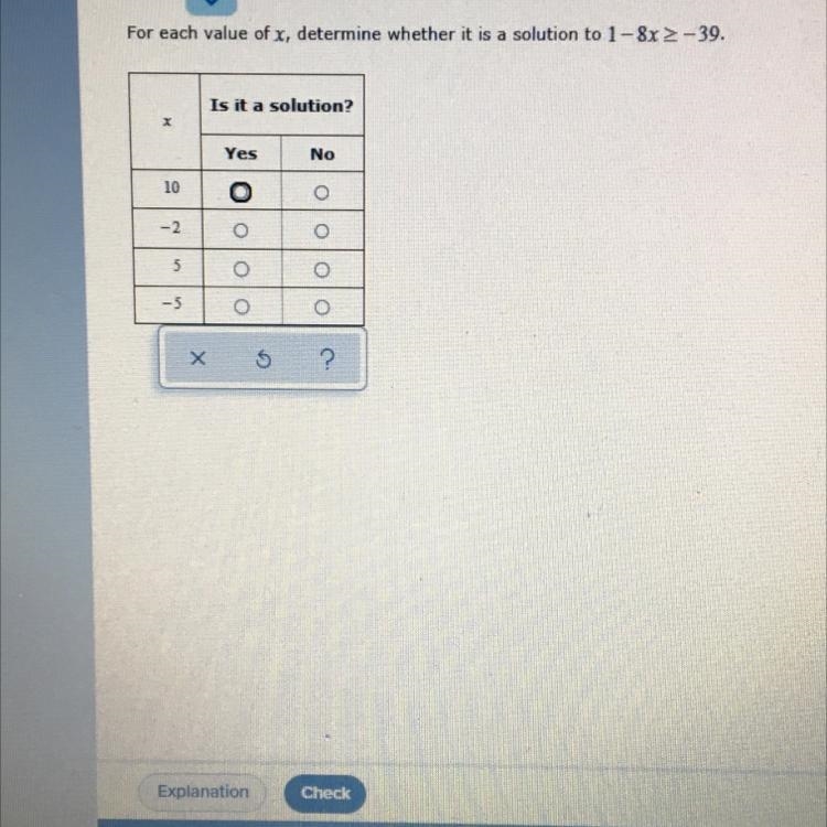 For each value of x Determine whether it is a solution-example-1