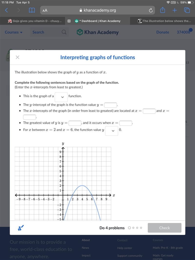 The illustration below shows the graph of y yy as a function of x xx. Complete the-example-1