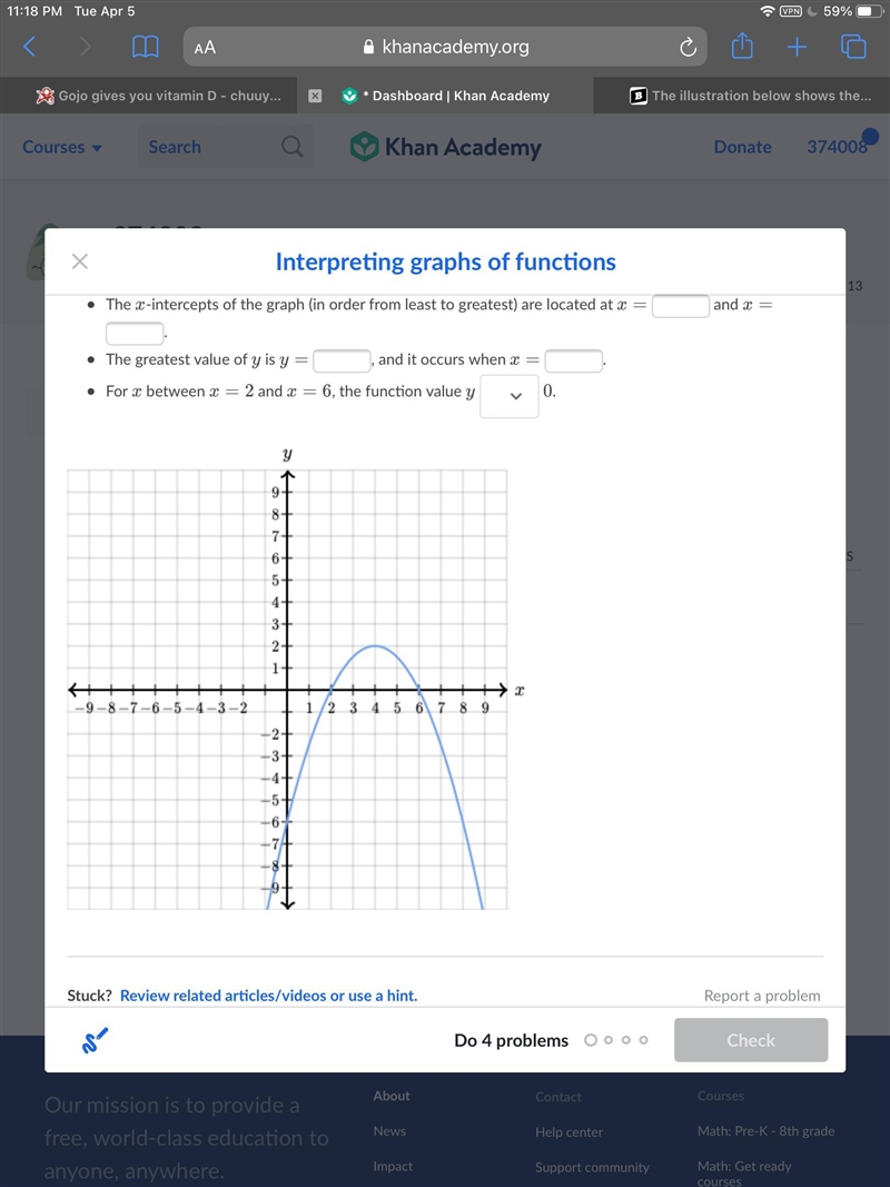 The illustration below shows the graph of y yy as a function of x xx. Complete the-example-2