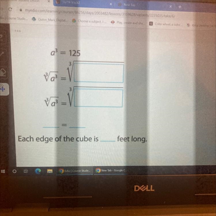 A³ = 125 Each edge of the cube is feet long.-example-1