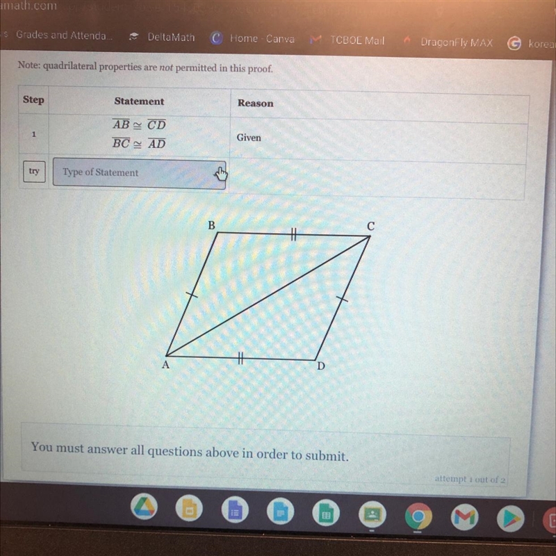 Given: AB = CD and BC = AD. Prove: AB l| CD and BC || AD. I need the reasons and the-example-1